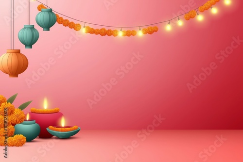 Colorful Diwali Lanterns and Lit Diyas with Marigold Garlands on Pink Background