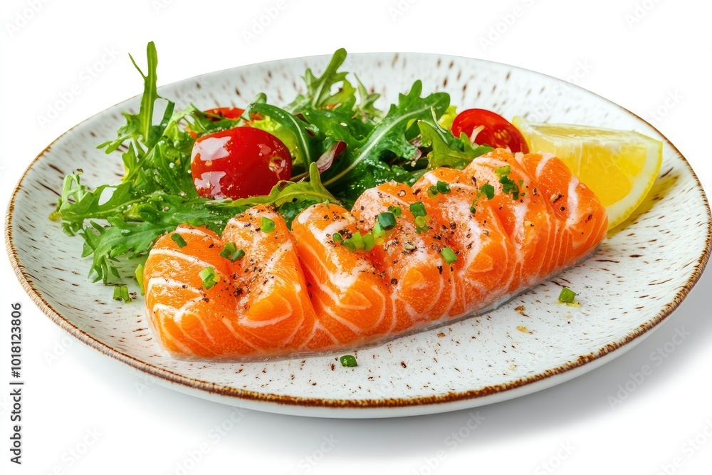 Restaurant Starter Menu with Slightly Salted Salmon Fillet Isolated on White Background. Thin Slices of Red Fish or Trout with Lemon and Greens on Elegant Flat Plate Close Up - generative ai Restaurant Starter Menu with Slightly Salted Salmon Fillet Isolated on White Background. Thin Slices of Red Fish or Trout with Lemon and Greens on Elegant Flat Plate Close Up - generative ai