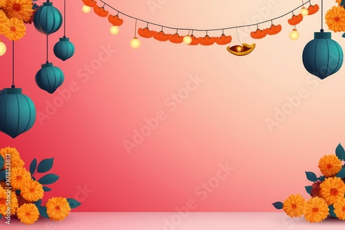 Vibrant Diwali Decor with Glowing Lanterns and Marigold Garlands for Festival Celebration