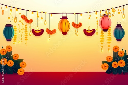 Traditional Diwali Decor with Hanging Lanterns and Marigold Garlands for Festive Celebrations