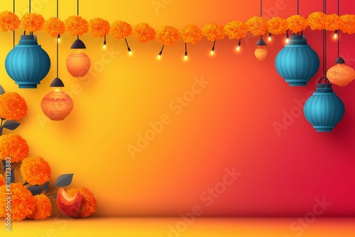 Colorful Diwali Festival Greeting with Illuminated Lanterns and Floral Garlands