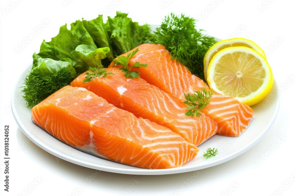 Restaurant Starter Menu with Slightly Salted Salmon Fillet Isolated on White Background. Thin Slices of Red Fish or Trout with Lemon and Greens on Elegant Flat Plate Close Up - generative ai Restaurant Starter Menu with Slightly Salted Salmon Fillet Isolated on White Background. Thin Slices of Red Fish or Trout with Lemon and Greens on Elegant Flat Plate Close Up - generative ai