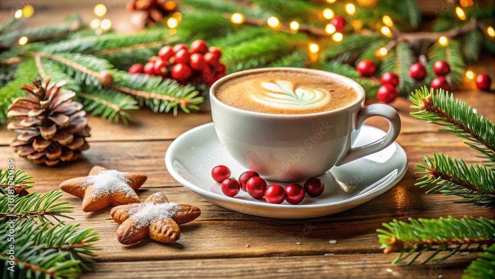 A close-up of a cappuccino in a white cup, featuring beautiful latte art on top. Surrounded by coffee beans and a rustic burlap sack, the scene highlights the warmth and richness of coffee culture.