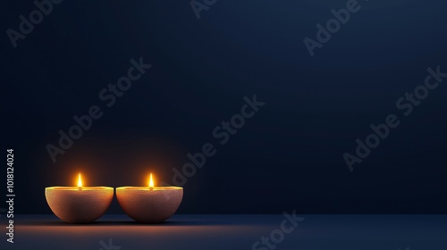 Two Diyas Glowing on Dark Background with Copy Space for Diwali Greetings photo