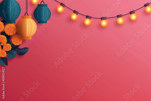 Diwali Festival Background with Decorative Hanging Lanterns and Marigold Garlands