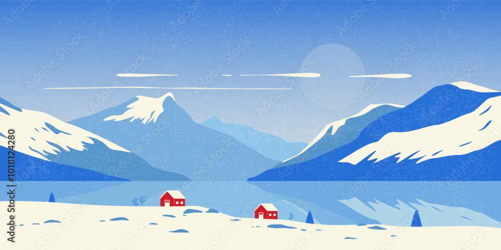 Fototapeta premium Winter mountain landscape. Scandinavian nature background with snow capped peaks, houses and fir trees, vintage print design for banner poster. Vector mid century illustration