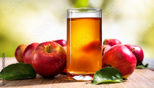 Glass of apple juice and ripe red apples with leaves on a table. photo