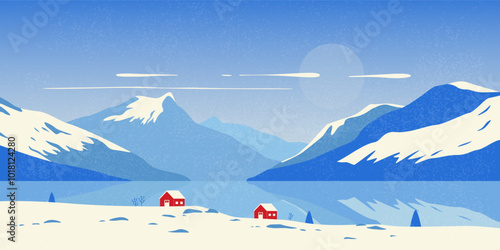 Winter mountain landscape. Scandinavian nature background with snow capped peaks, houses and fir trees, vintage print design for banner poster. Vector mid century illustration