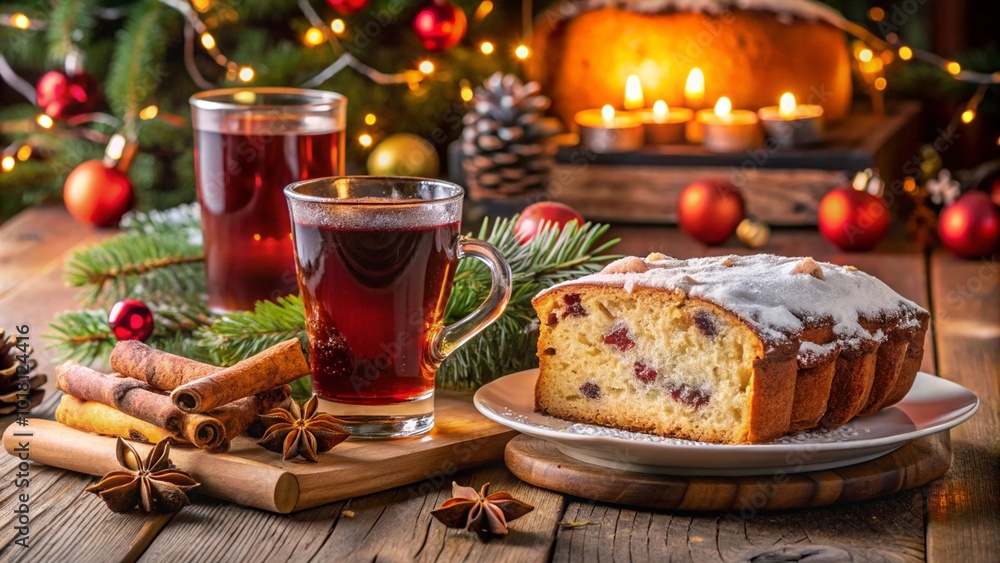 A slice of festive Christmas cake with dried fruits and icing sits next to a steaming cup of mulled wine. Surrounded by cinnamon sticks, star anise, and Christmas decorations, the scene exudes cozy ho A slice of festive Christmas cake with dried fruits and icing sits next to a steaming cup of mulled wine. Surrounded by cinnamon sticks, star anise, and Christmas decorations, the scene exudes cozy ho