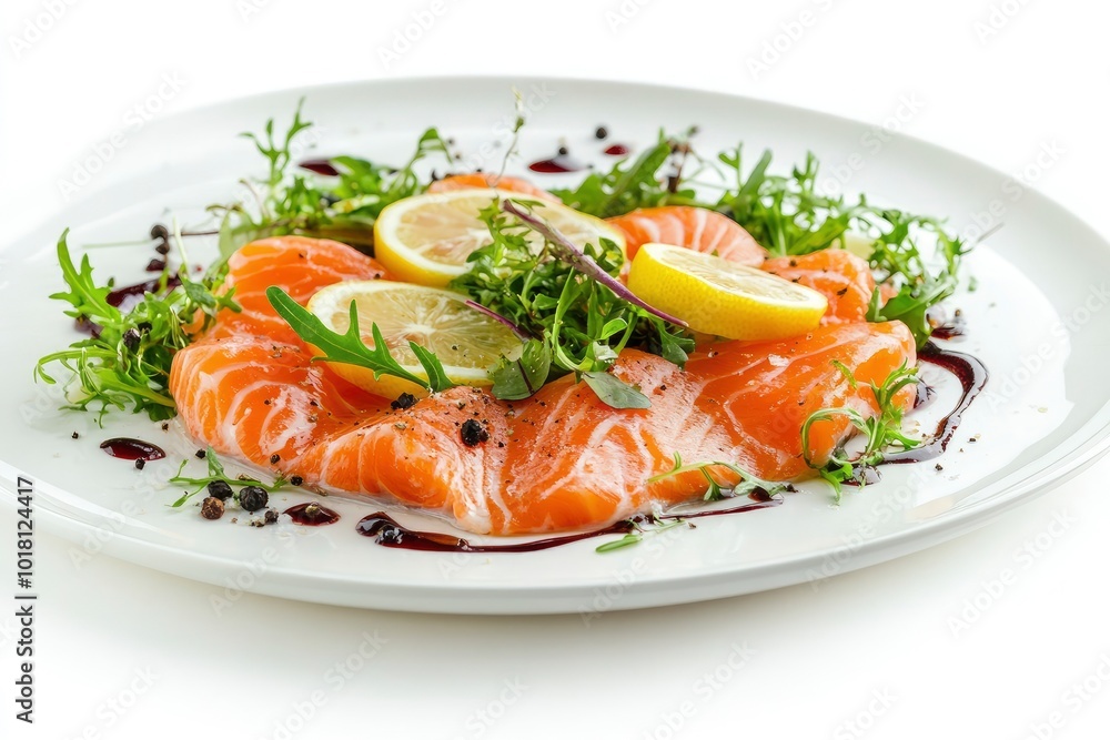Restaurant Starter Menu with Slightly Salted Salmon Fillet Isolated on White Background. Thin Slices of Red Fish or Trout with Lemon and Greens on Elegant Flat Plate Close Up - generative ai Restaurant Starter Menu with Slightly Salted Salmon Fillet Isolated on White Background. Thin Slices of Red Fish or Trout with Lemon and Greens on Elegant Flat Plate Close Up - generative ai