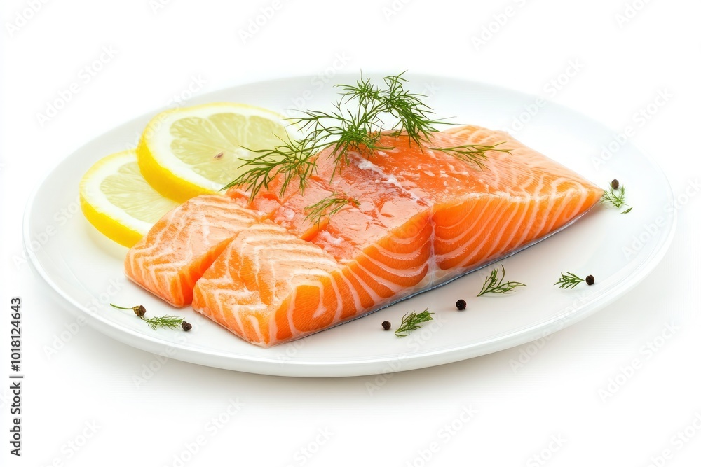 Restaurant Starter Menu with Slightly Salted Salmon Fillet Isolated on White Background. Thin Slices of Red Fish or Trout with Lemon and Greens on Elegant Flat Plate Close Up - generative ai Restaurant Starter Menu with Slightly Salted Salmon Fillet Isolated on White Background. Thin Slices of Red Fish or Trout with Lemon and Greens on Elegant Flat Plate Close Up - generative ai
