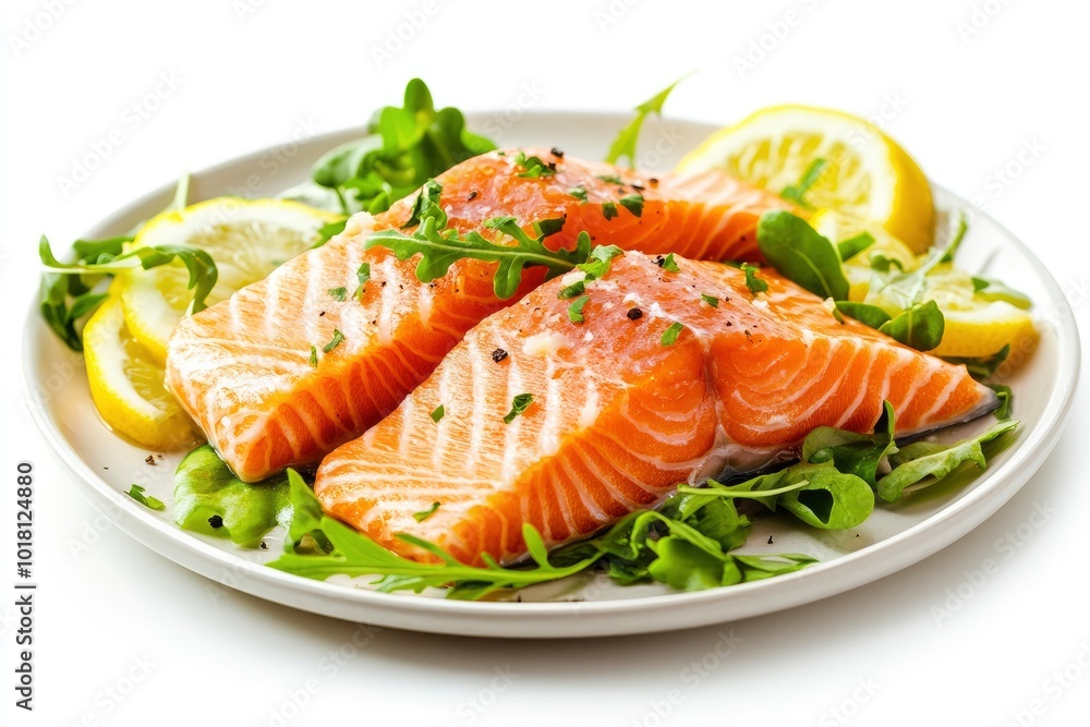 Restaurant Starter Menu with Slightly Salted Salmon Fillet Isolated on White Background. Thin Slices of Red Fish or Trout with Lemon and Greens on Elegant Flat Plate Close Up - generative ai Restaurant Starter Menu with Slightly Salted Salmon Fillet Isolated on White Background. Thin Slices of Red Fish or Trout with Lemon and Greens on Elegant Flat Plate Close Up - generative ai