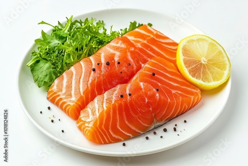 Restaurant Starter Menu with Slightly Salted Salmon Fillet Isolated on White Background. Thin Slices of Red Fish or Trout with Lemon and Greens on Elegant Flat Plate Close Up - generative ai