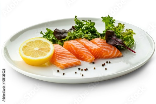 Restaurant Starter Menu with Slightly Salted Salmon Fillet Isolated on White Background. Thin Slices of Red Fish or Trout with Lemon and Greens on Elegant Flat Plate Close Up - generative ai