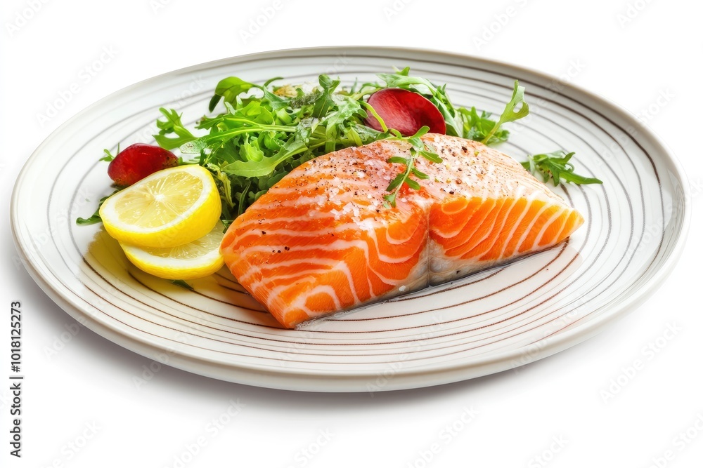 Restaurant Starter Menu with Slightly Salted Salmon Fillet Isolated on White Background. Thin Slices of Red Fish or Trout with Lemon and Greens on Elegant Flat Plate Close Up - generative ai Restaurant Starter Menu with Slightly Salted Salmon Fillet Isolated on White Background. Thin Slices of Red Fish or Trout with Lemon and Greens on Elegant Flat Plate Close Up - generative ai