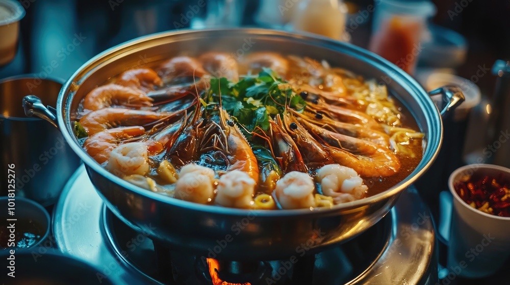 Detailed shot of Tom Yum Goong in a metal hot pot with shrimp, mushrooms, and spicy broth, surrounded by Thai condiments Detailed shot of Tom Yum Goong in a metal hot pot with shrimp, mushrooms, and spicy broth, surrounded by Thai condiments