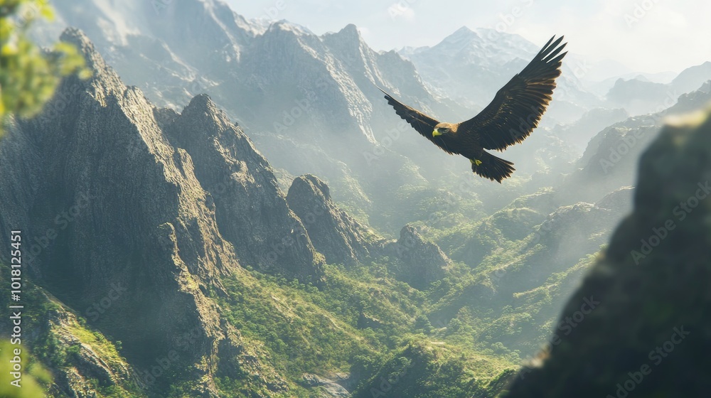 Detailed view of a bird gliding close to a mountain range, with clear focus on the bird and rugged landscape Detailed view of a bird gliding close to a mountain range, with clear focus on the bird and rugged landscape