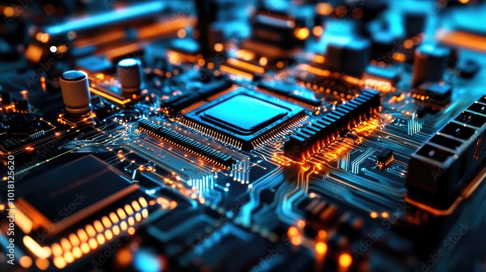 Detailed view of a circuit board with visible electrical wave patterns and glowing components Detailed view of a circuit board with visible electrical wave patterns and glowing components