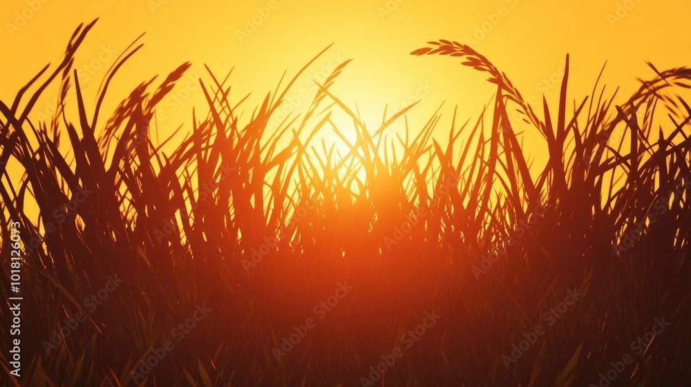 Detailed view of a field of grass silhouetted against a golden sunrise, with the sun casting long shadows Detailed view of a field of grass silhouetted against a golden sunrise, with the sun casting long shadows