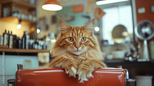 Cat sits in a hairdresser's at barbershop's photo