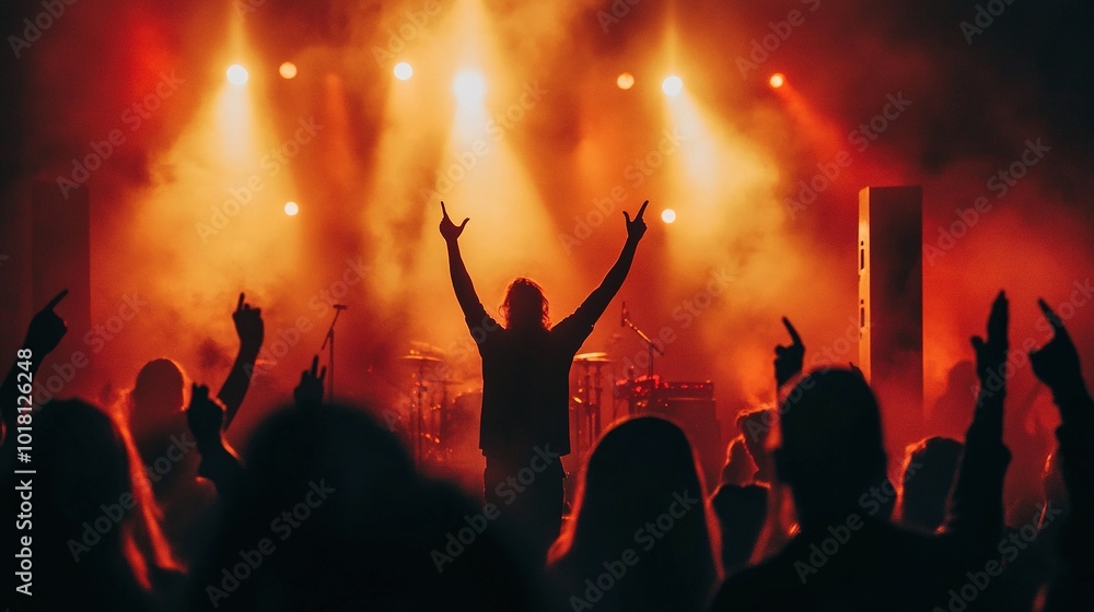 Silhouettes of people rising their hands and having fun at the music open air festival. Nightlife. People dancing at rock concert and going wild. There are orange stage lights. On stage are musicians. Silhouettes of people rising their hands and having fun at the music open air festival. Nightlife. People dancing at rock concert and going wild. There are orange stage lights. On stage are musicians.