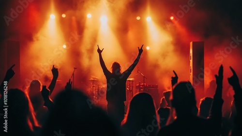 Silhouettes of people rising their hands and having fun at the music open air festival. Nightlife. People dancing at rock concert and going wild. There are orange stage lights. On stage are musicians.