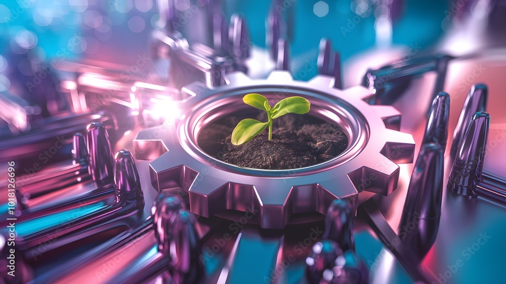 Fototapeta premium A plant growing in a gear symbolizes the fusion of nature and technology for sustainable development.