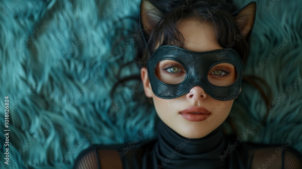 quadrobics . ,Photo of an attractive woman with dark hair wearing cat mask, lying on the floor, teal background, facing camera quadrobics . ,Photo of an attractive woman with dark hair wearing cat mask, lying on the floor, teal background, facing camera