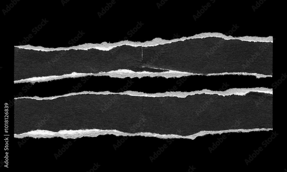 Set of Two Torn Paper Strips with Rough Edges on Black Background for Collage and grunge design Set of Two Torn Paper Strips with Rough Edges on Black Background for Collage and grunge design