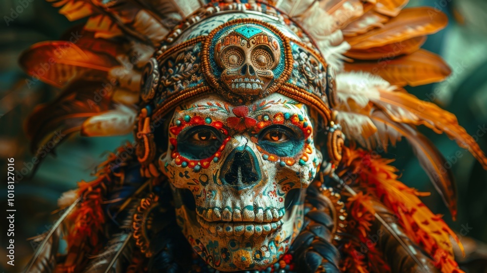Dia de los Muertos, Mexican holiday. decorated skull, adorned with feathers, beads, and other embellishments, capturing the artistry and craftsmanship associated with this Day of the Dead tradition. Dia de los Muertos, Mexican holiday. decorated skull, adorned with feathers, beads, and other embellishments, capturing the artistry and craftsmanship associated with this Day of the Dead tradition.