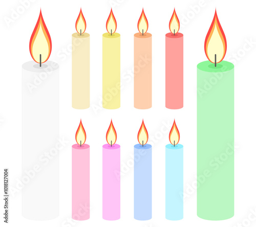 Candle collection in white, yellow, orange, red, pink, purple, blue, green colors. Design elements for festival of lights, day of the dead, all saints day, thanksgiving, birthday. Vector illustration.