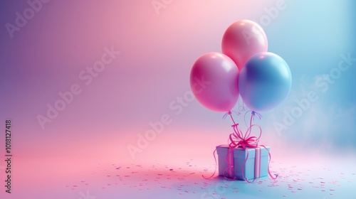 Happy birthday. balloon with gift box flying on pastel background. Birthday party concept. Soft lighting, high resolution photography, insanely detailed with fine details, isolated plain photo