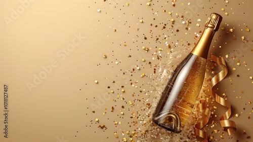 Happy birthday. Photo of a champagne bottle with gold confetti and ribbons on a beige background, representing celebration for party. Web banner showing space at the top, photo