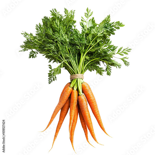 Delicious fresh carrots tied in a bunch with green tops, isolated on transparent cutout background