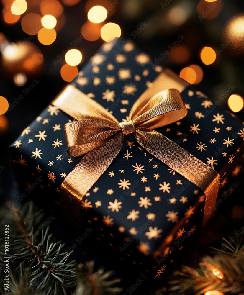 Christmas gift box with golden ribbon on dark background with bokeh lights Christmas gift box with golden ribbon on dark background with bokeh lights
