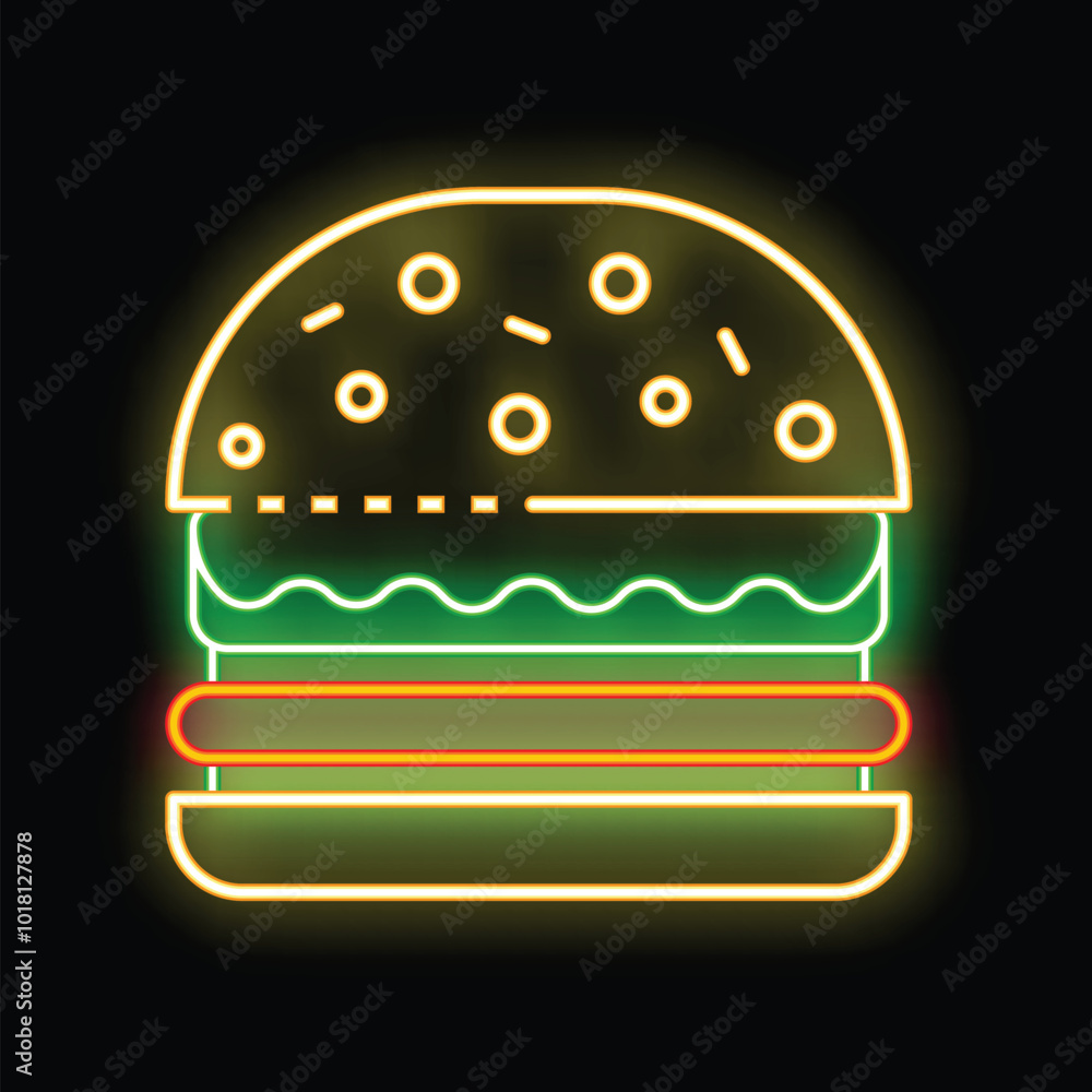 Bright neon sign showing a classic hamburger with lettuce and a patty, glowing on a dark background Bright neon sign showing a classic hamburger with lettuce and a patty, glowing on a dark background