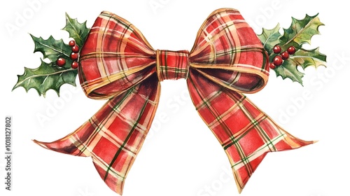 A festive red plaid Christmas bow with holly leaves and berry accents, hand-painted in a watercolor style, isolated on a white background, perfect for holiday decor elements 