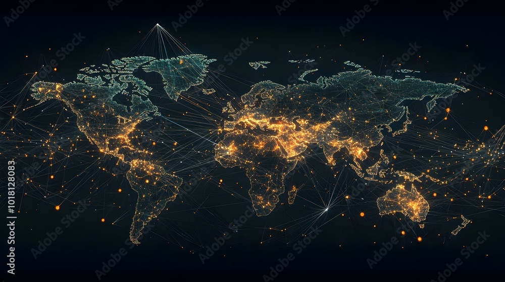 A global map illuminated with lines and nodes representing an intricate web of telecommunication connections, showcasing data flow and global connectivity across continents A global map illuminated with lines and nodes representing an intricate web of telecommunication connections, showcasing data flow and global connectivity across continents