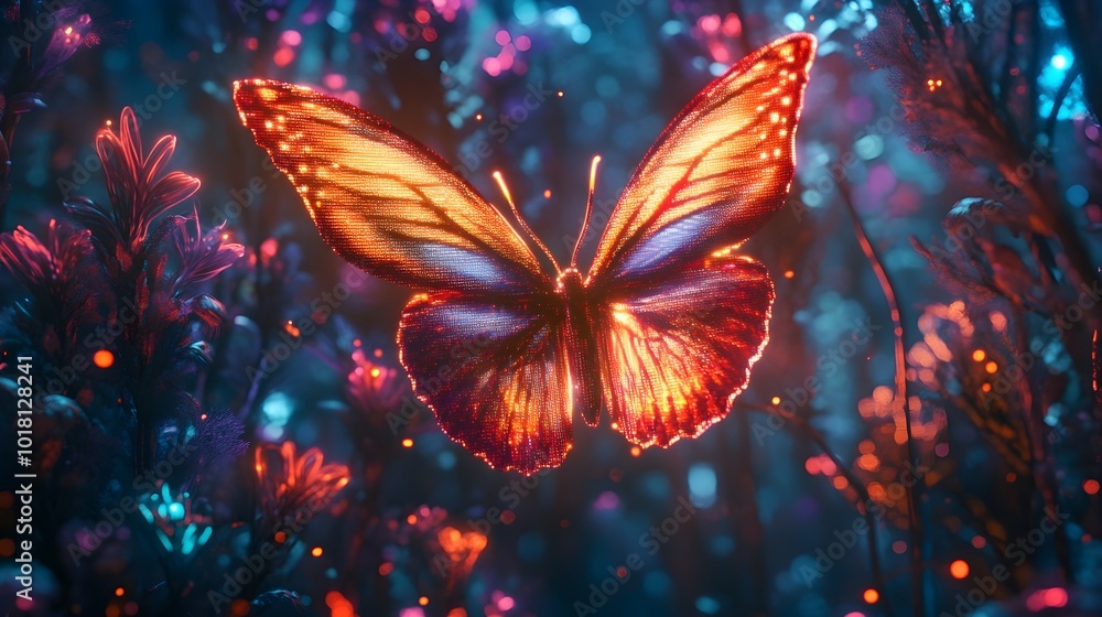 A neon-lit butterfly with glowing holographic wings fluttering gracefully in a futuristic digital forest, surrounded by vibrant, pixelated trees and shimmering light effects, creating a surreal, A neon-lit butterfly with glowing holographic wings fluttering gracefully in a futuristic digital forest, surrounded by vibrant, pixelated trees and shimmering light effects, creating a surreal,