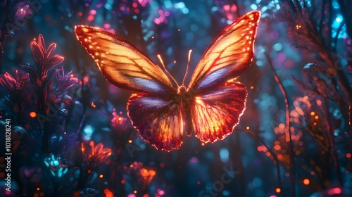 A neon-lit butterfly with glowing holographic wings fluttering gracefully in a futuristic digital forest, surrounded by vibrant, pixelated trees and shimmering light effects, creating a surreal, 