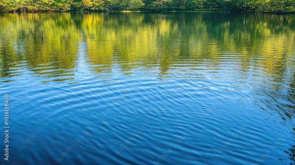 Detailed view of a serene lake with rippling waves reflecting the surrounding trees and sky Detailed view of a serene lake with rippling waves reflecting the surrounding trees and sky