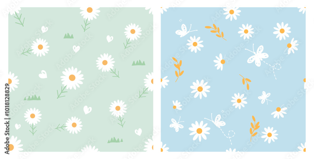Set of daisy flower, green grass, tree branch, hand drawn heart and butterfly on green and blue backgrounds vector. Cute floral print. Set of daisy flower, green grass, tree branch, hand drawn heart and butterfly on green and blue backgrounds vector. Cute floral print.
