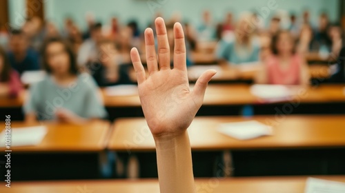 a hand raised high in a classroom, representing a moment of undivided attention and eagerness to participate photo