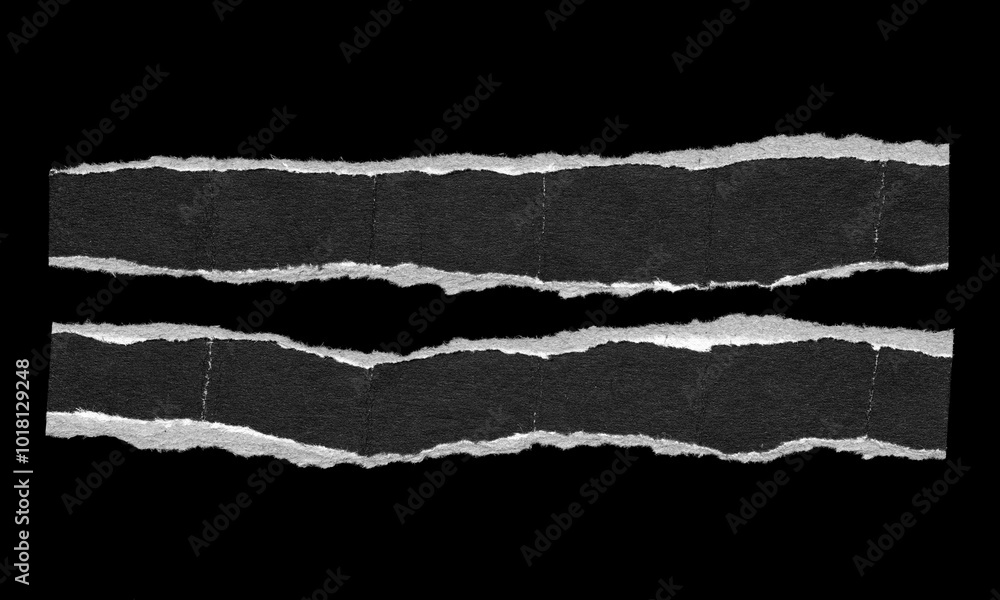 Set of Two Torn Paper Strips with Rough Edges and Empty Space on Black Background for Collage and grunge design Set of Two Torn Paper Strips with Rough Edges and Empty Space on Black Background for Collage and grunge design