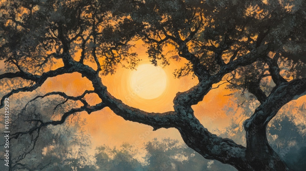 Detailed view of a tree with sprawling branches in silhouette, framed by a large, setting sun with a warm glow Detailed view of a tree with sprawling branches in silhouette, framed by a large, setting sun with a warm glow