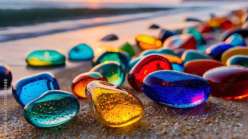 Colorful Glass Pebbles on a Sandy Beach at Sunset Colorful Glass Pebbles on a Sandy Beach at Sunset