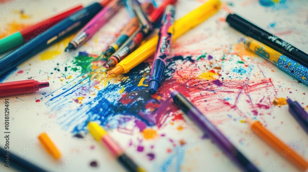 Naklejka premium Detailed view of colorful pens and markers scattered on a sketchbook, with a variety of vibrant colors and artistic tools