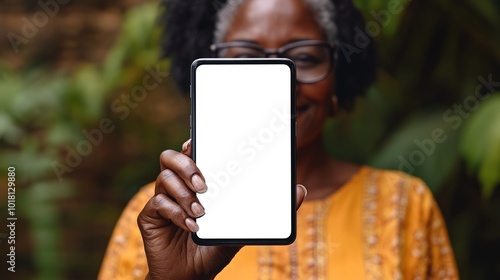 Close up of mature hand holding smartphone with blank screen isolated on while background. Black woman showing empty screen of modern cellphone. Mature hand showing white screen of smart phone