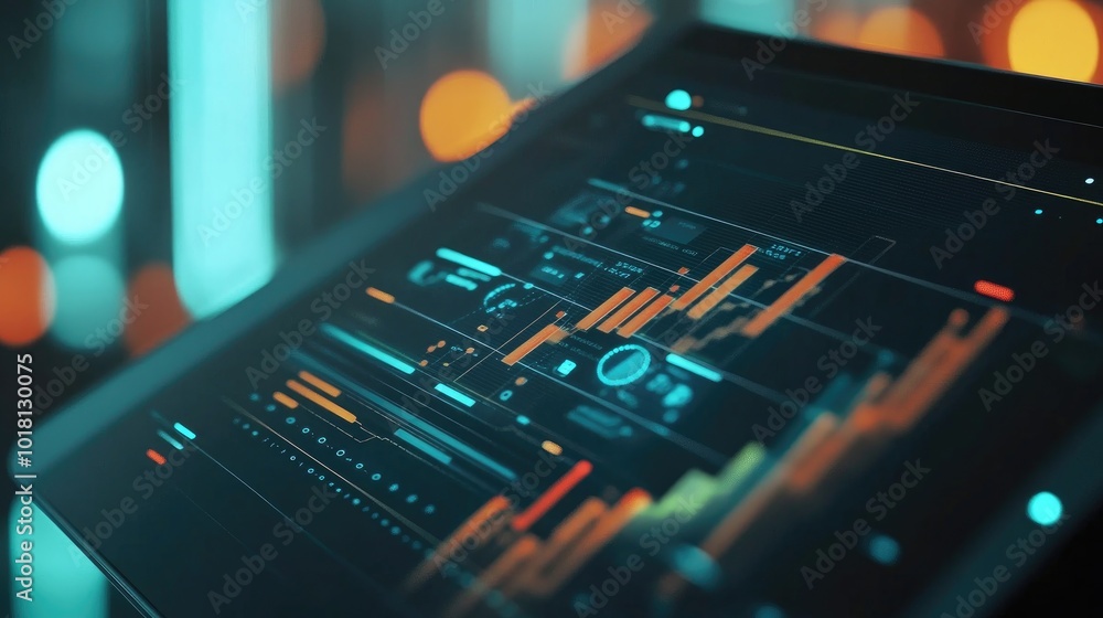 Digital tablet displaying a complex graph with analytics icons and technology overlays Digital tablet displaying a complex graph with analytics icons and technology overlays