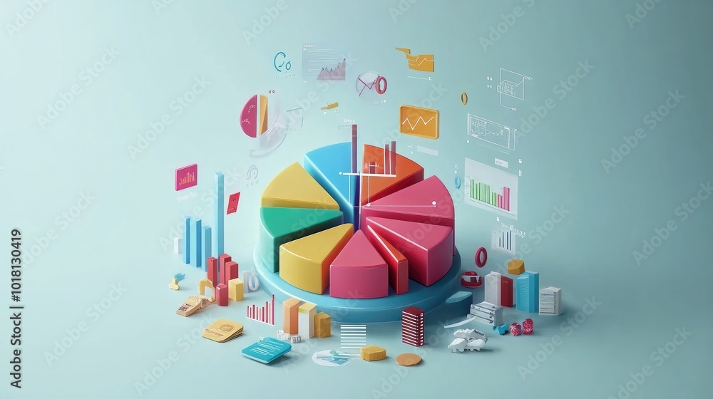 Exploded 3D pie chart with each segment hovering separately, surrounded by digital data icons Exploded 3D pie chart with each segment hovering separately, surrounded by digital data icons